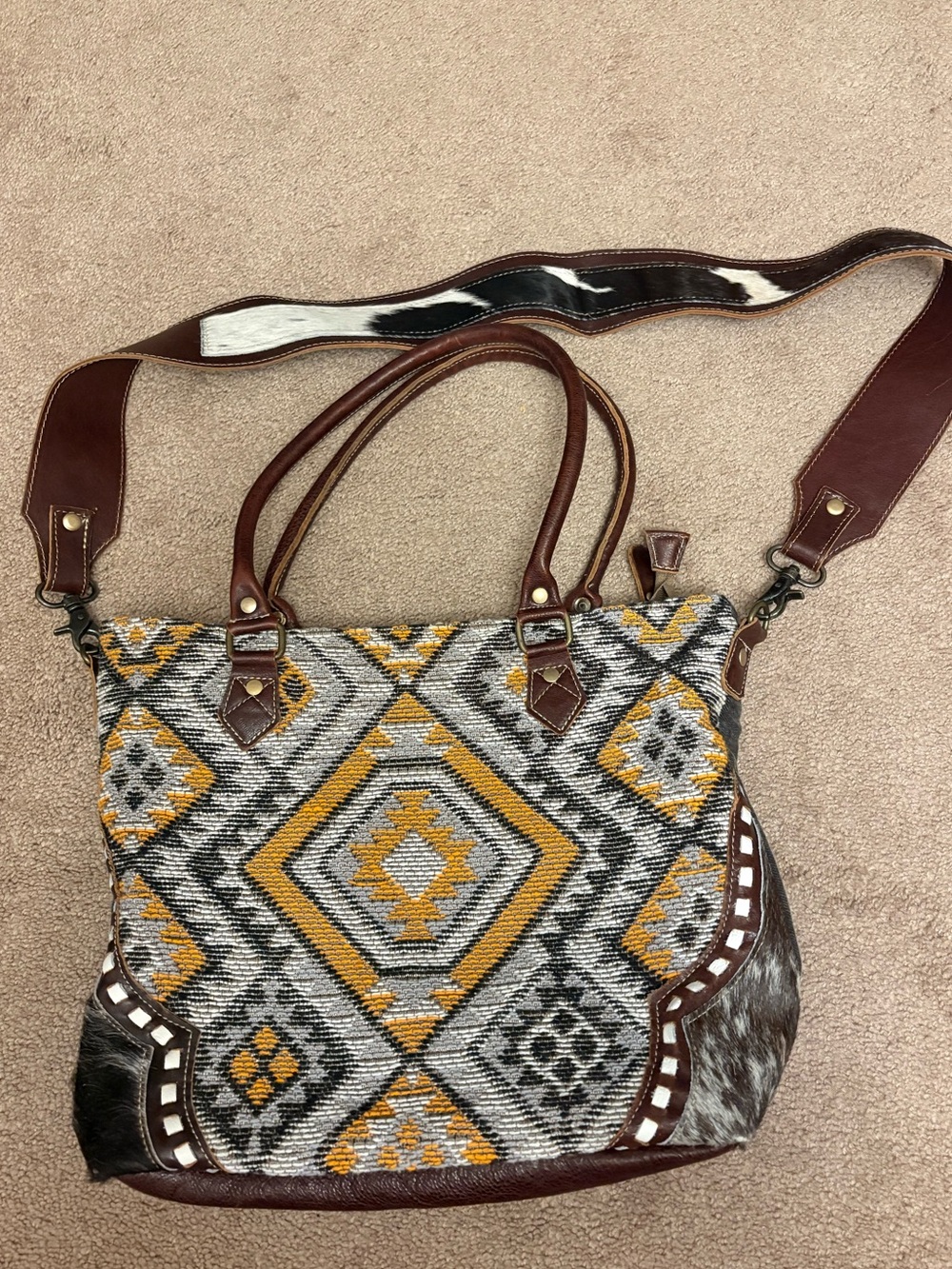 Myra Boho Aztec Leather Tote Bag with cow print accents